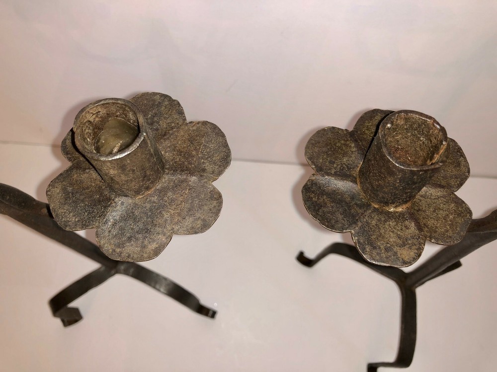 ANTIQUE EARLY WROUGHT IRON CANDLE HOLDERS.