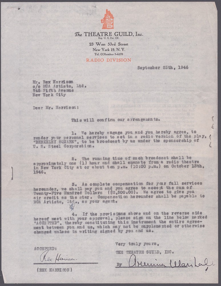 REX HARRISON - DOCUMENT SIGNED 09/25/1946 CO-SIGNED BY: ARMINA MARSHALL