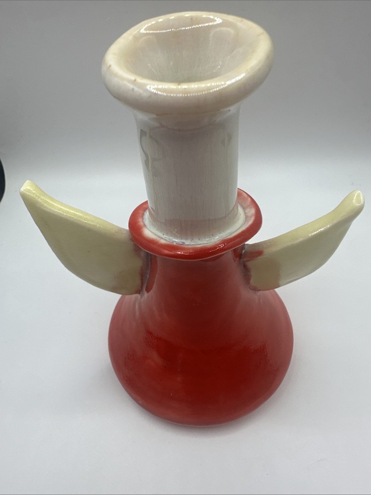 Handmade Pottery Face Candlestick With Wings, Signed