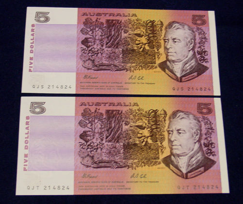 1991AUSTRALI $5 Fraser/Cole TWIN CONS PAIR Same serial Numbers Same Prefix 4note