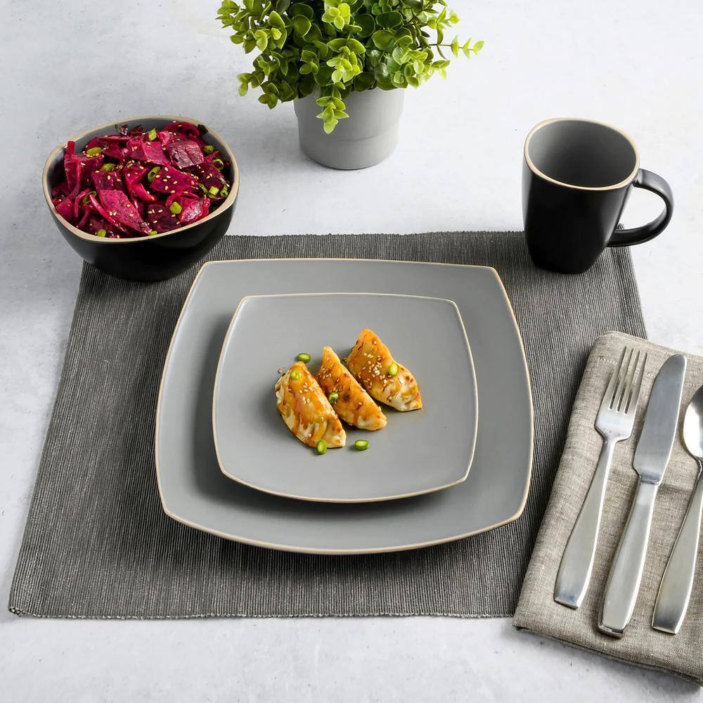 Soho Lounge 16-Piece Grey Matte Soft Square Stoneware Dinnerware Set