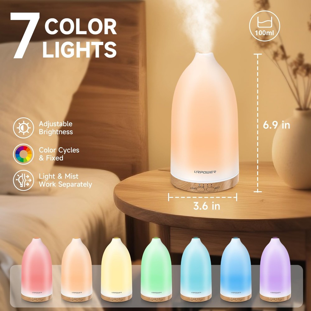URPOWER Essential Oil Diffuser with 7 LED Color 100mL/Compact, Smooth White