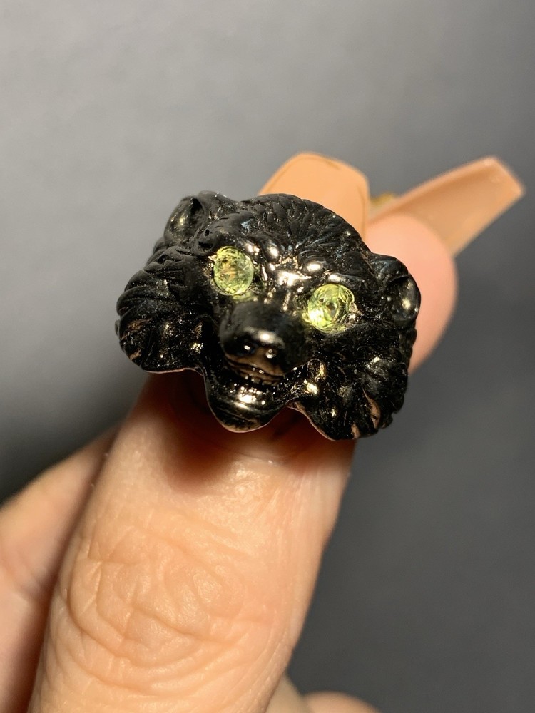 Natural Olivine Gemstone Wolf Head Cooper Man Ring/ Adjustable