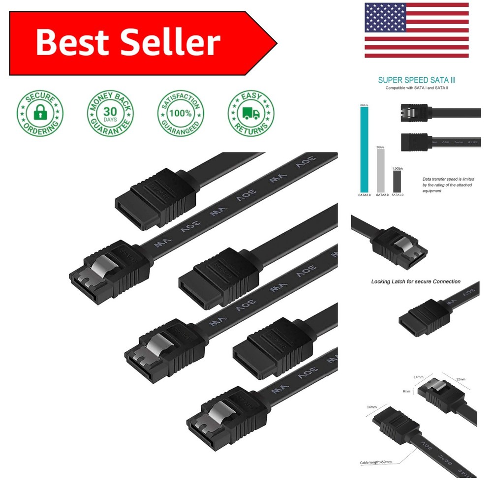SATA III Cable Bundle, 6Gbps Speed, 18 Inch with Secure Connection Feature