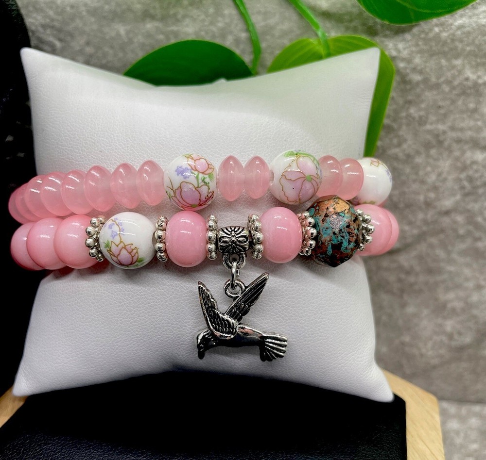 2 PC Handmade Boho  Beaded Stackable 7” Plus Stretch Bracelet Set New B1366