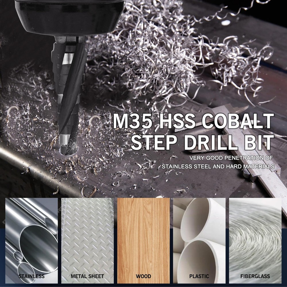 GMTOOLS M35 Four Spiral Flute Cobalt Step Drill Bit Set 1/8"-7/8",...