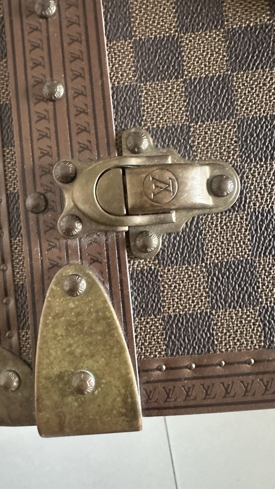 Louis Vuitton Checkered Lockable Trunk Brass Hardware Leather Canvas Brown Beige