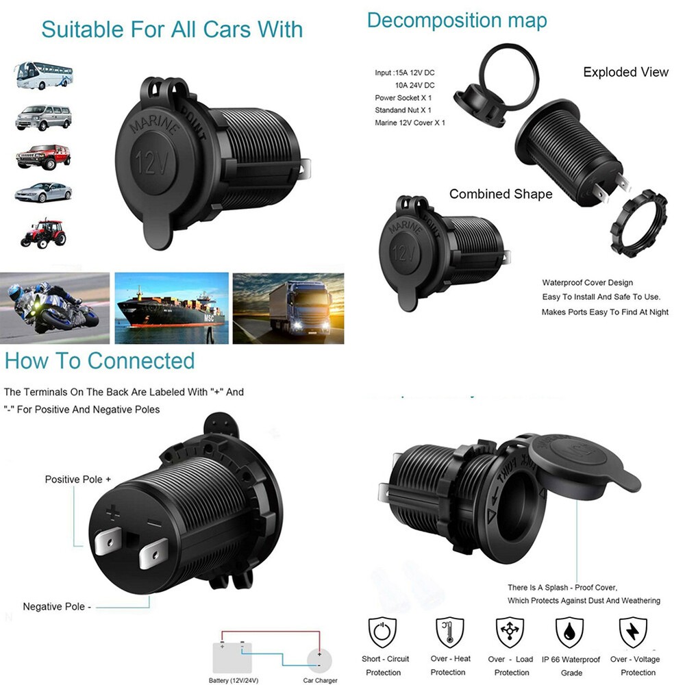 US 6Pc Cigarette Lighter Socket Marine Motorcycle ATV RV Lighter Power Outlet