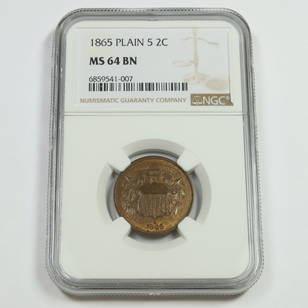 1865 NGC MS64 BN - Plain 5 - Two Cent Piece - 2c US Coin #48223A