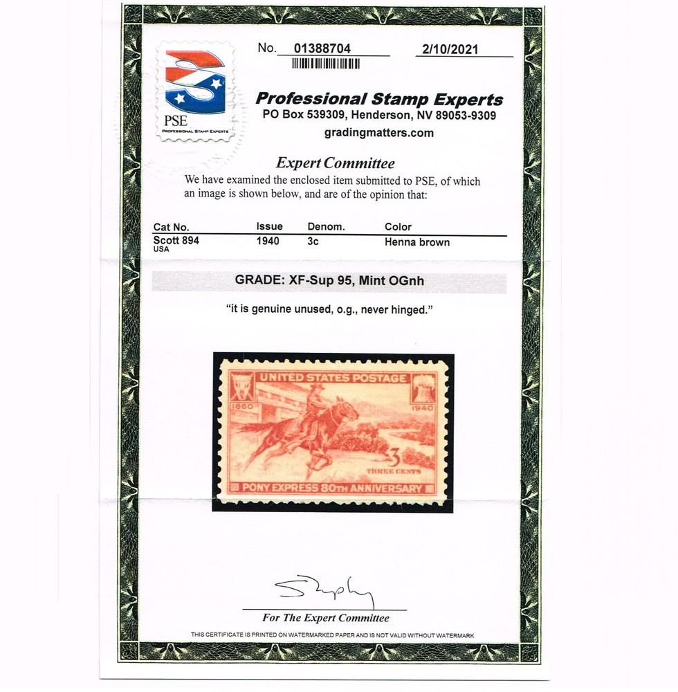 EXCEPTIONAL GENUINE SCOTT #894 MINT PRISTINE OG NH PSE CERT GRADED XF-SUPERB 95