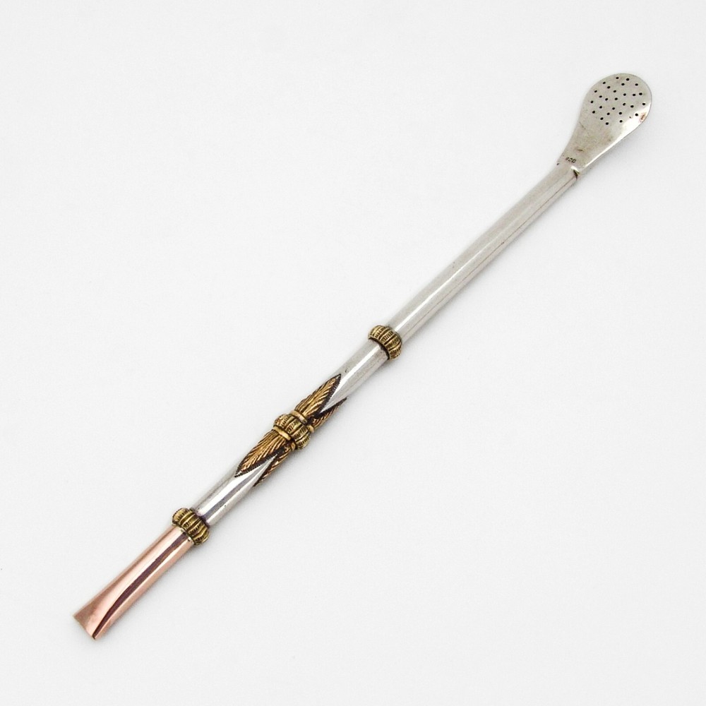 Bombilla Mate Tea Straw 800 Silver Applied Gold Tone Designs