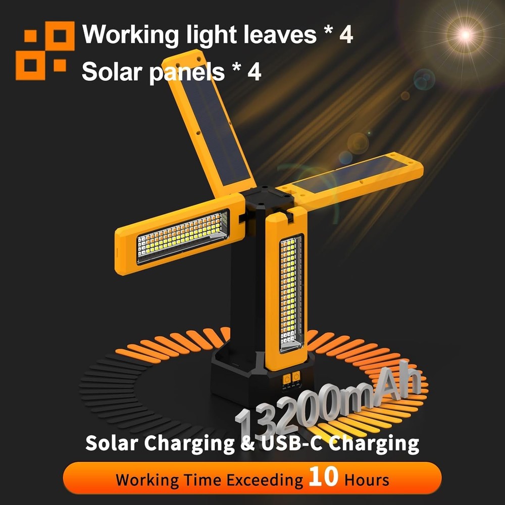 13200mAh Rechargeable Solar Work Light, IPX4 Waterproof with Remote, Orange