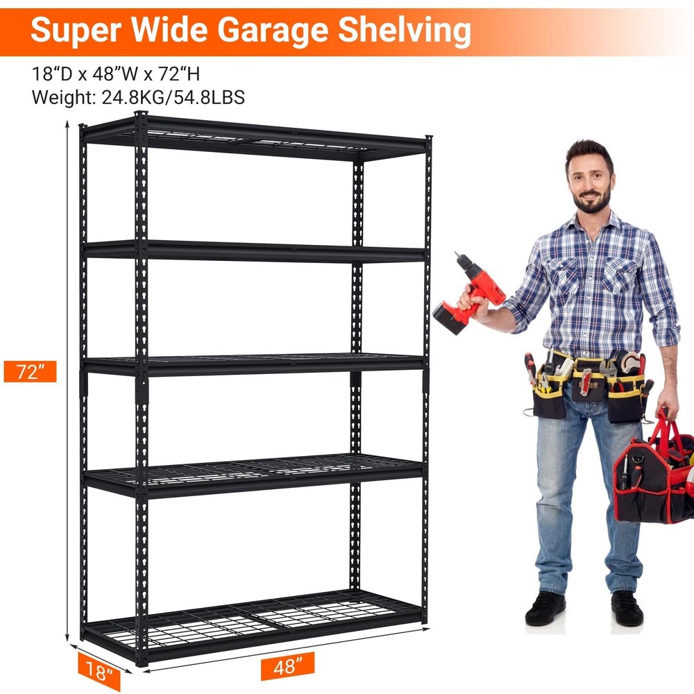 5-Tier Storage Shelving Unit Metal Garage Storage Rack, Adjustable 2500lbs Load