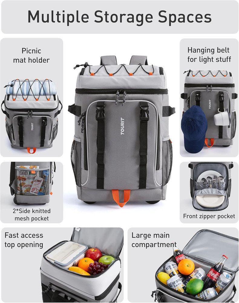 50-Can Rolling Backpack, Double Deck & Dual-Bar Handle Travel Soft Cooler Bag wi