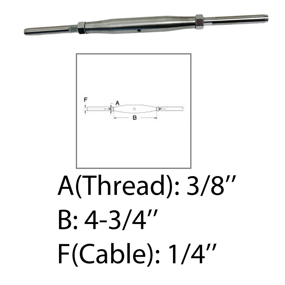 3/8" Thread Swage Stud & Stud Pipe Turnbuckle 1/4" Cable Stainless Steel