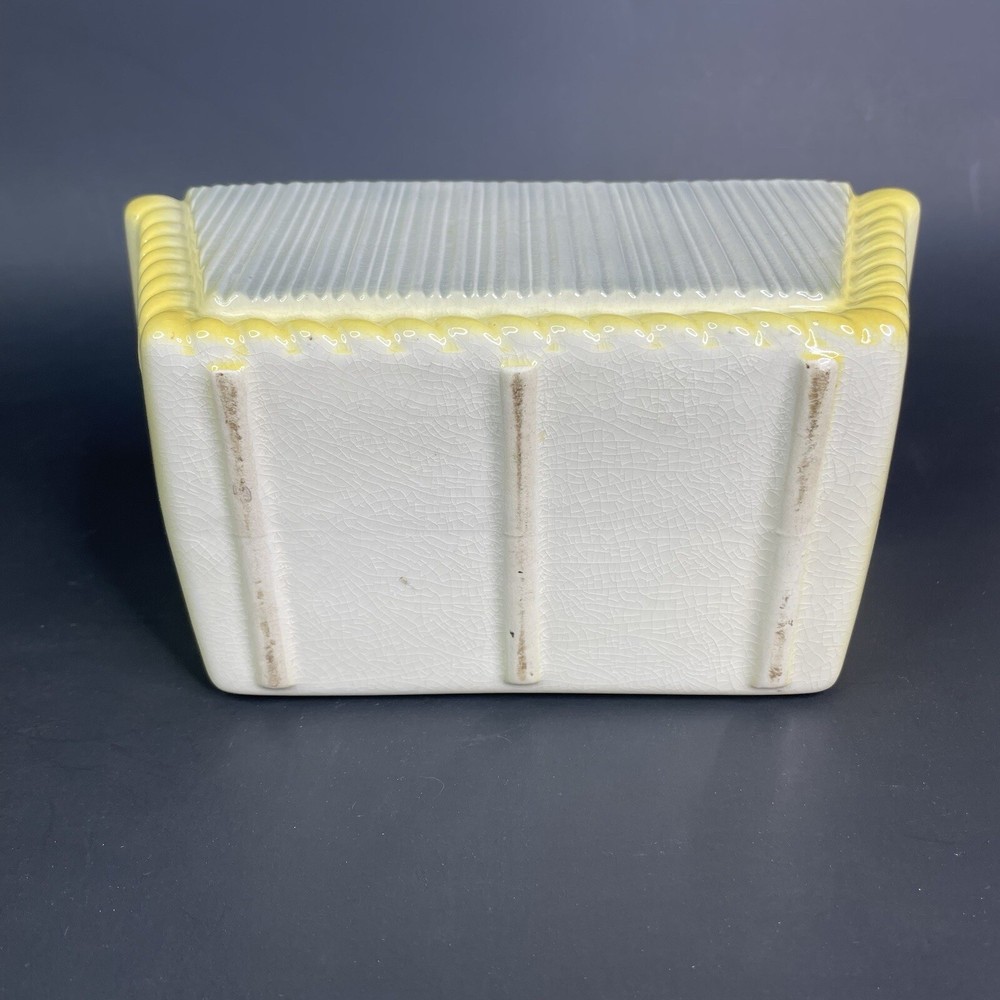 Vintage MCM Rectangle Planter Vertical Textured Lines Rope Edge Yellow Gray
