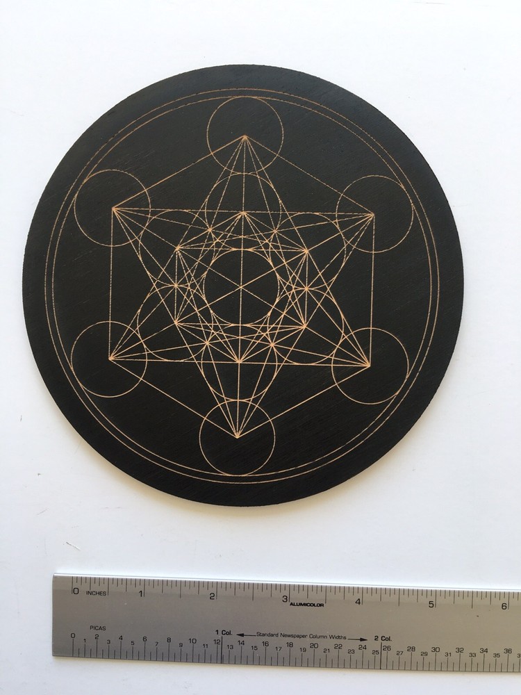 Laser engraved 6” Ebony Black Stained Metratrone’s Cube Crystal Grid