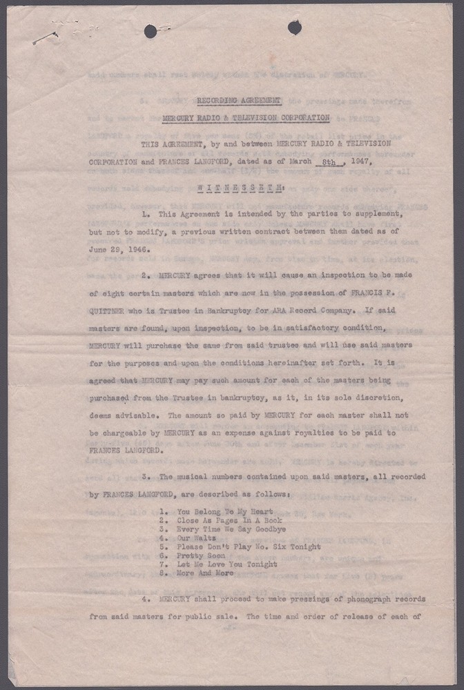 FRANCES LANGFORD - DOCUMENT SIGNED 03/08/1947