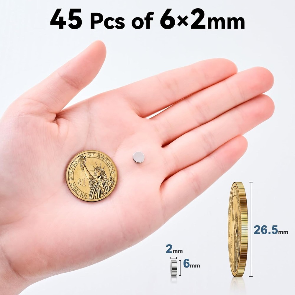 Multi Use Fridge Magnets 45 Pcs 6x2mm Silver Neodymium for School and Kitchen