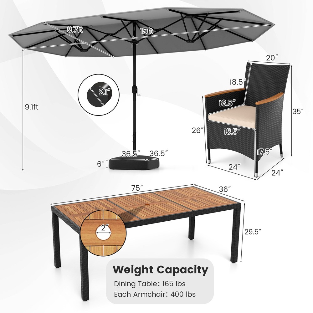 11 PCS Patio Wicker Dining Set w/Double-Sided Outdoor Umbrella 8 Stackable