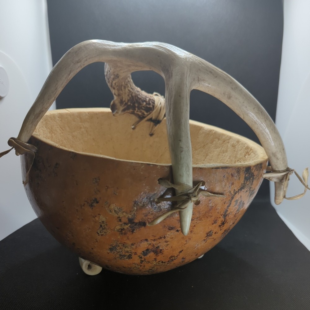 Large Gourd Bowl Cornucopia basket deer antler handle cabin rustic decor