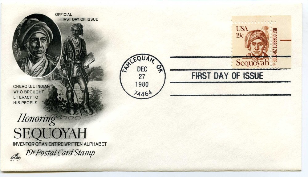 1859 19c Sequoyah, ArtCraft ;use correct zip code. tab single, FDC