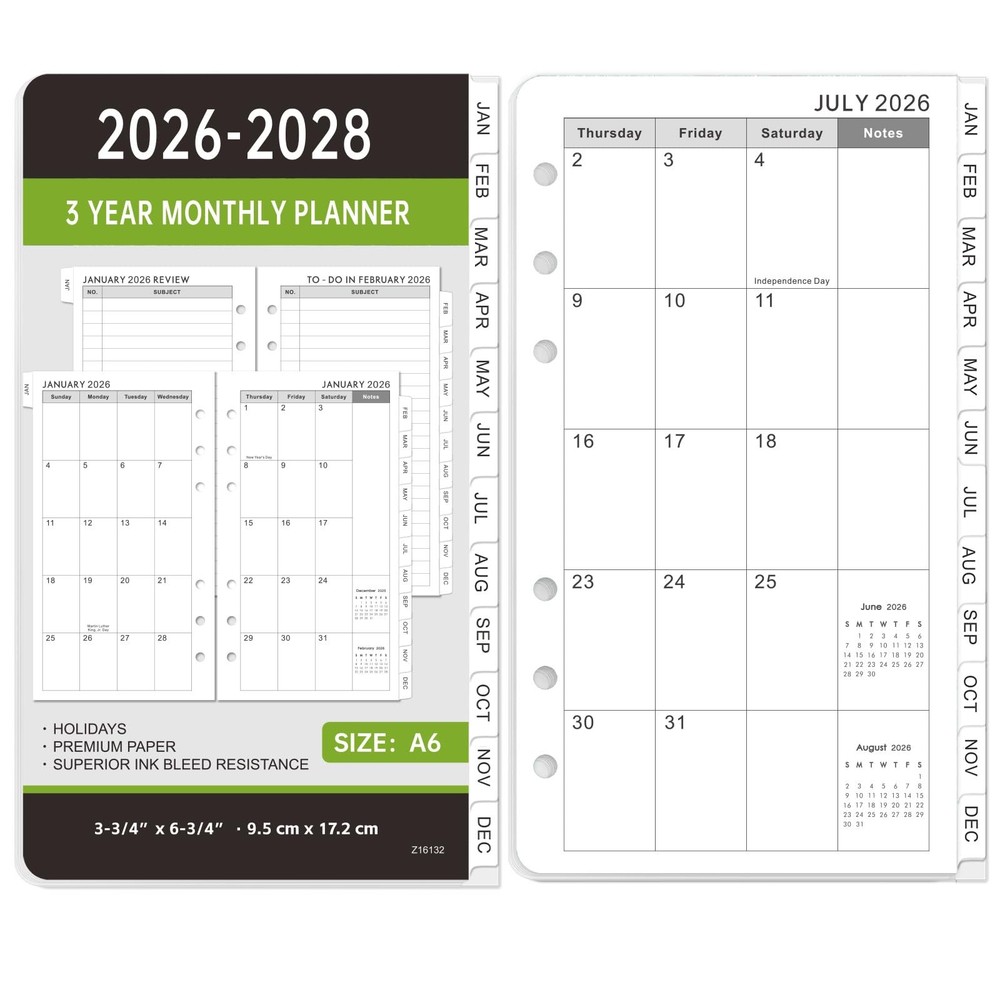 2026-2028 Monthly Planner Refill - A6 Size, Inserts with A6, black