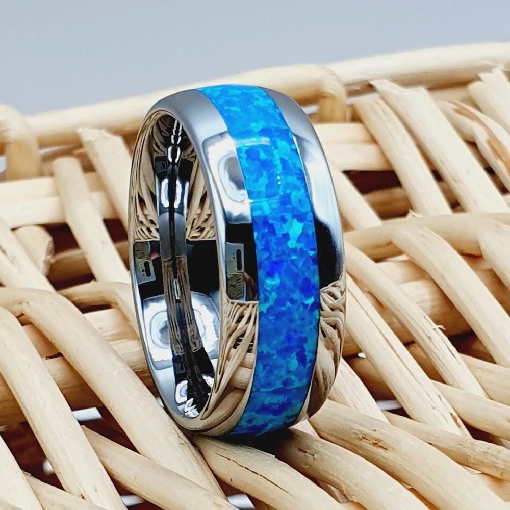 Silver Tungsten Dome Band Blue Opal Proposal Ring Men Ring Opal Engagement Ring