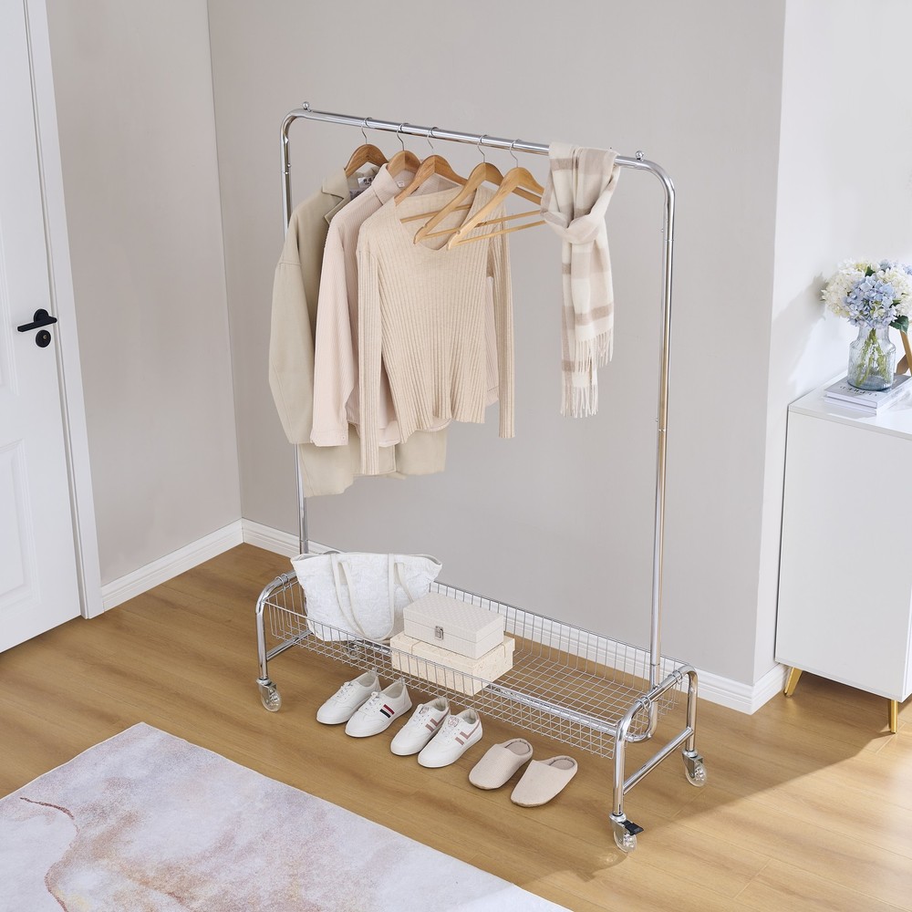 Garment Rack with Basket on Wheels Rolling Clothes Rack for Hanging Clothes