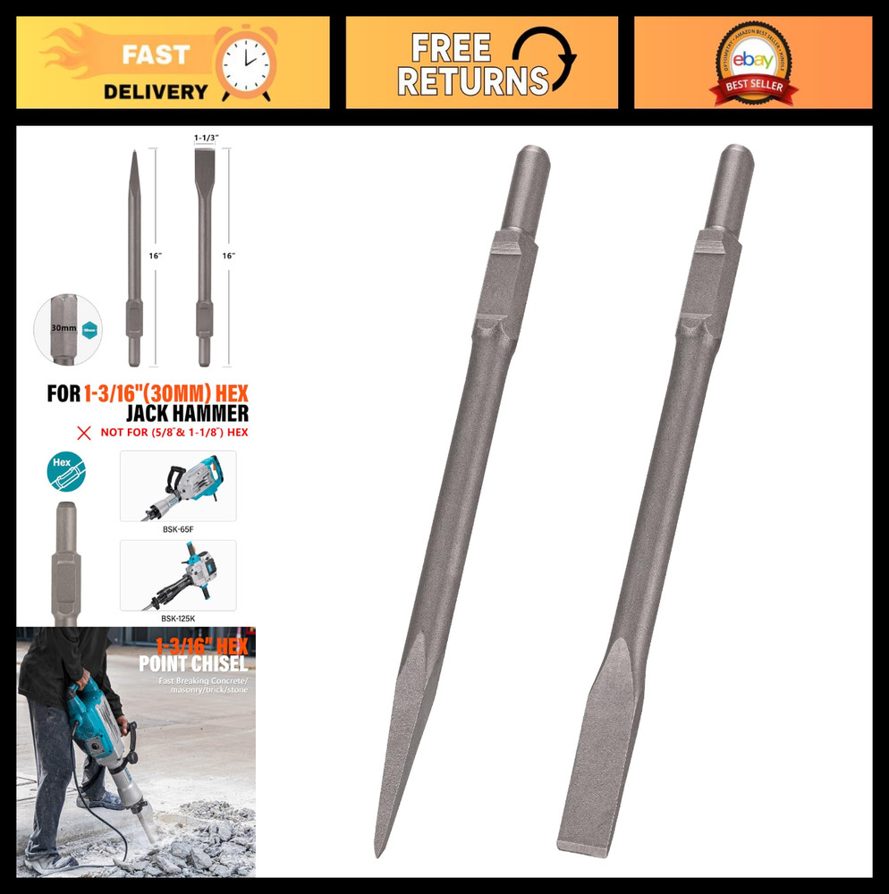 2 pc Hex Chisel Set 1-3/16" Point & Flat for Heavy Duty Electric Demolition Jack