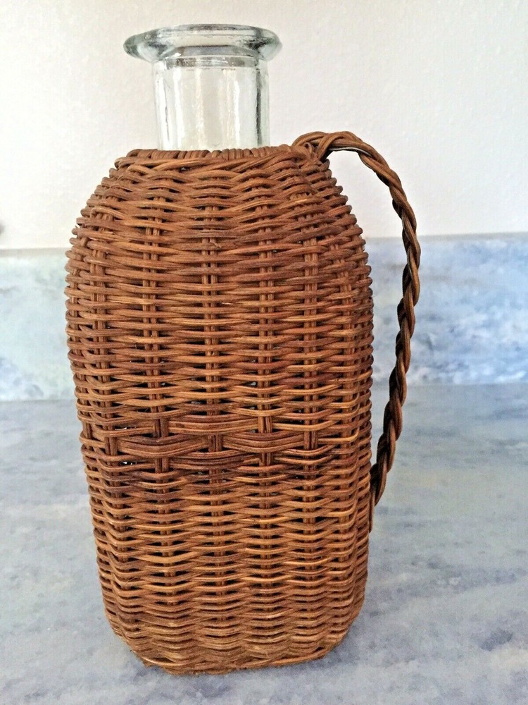 Antique Wicker Covered Square Spouted Bottle Unusual