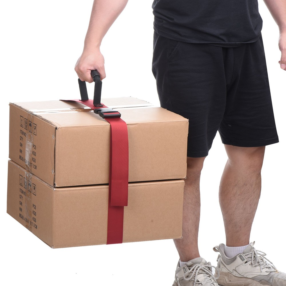 Carrying Strap with Handle, Adjustable Nylon Belt for Moving Lifting Boxes, Red