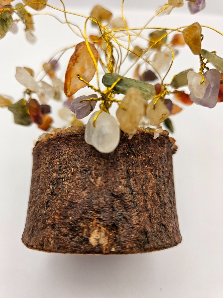 Copper Wire Multi Colored Gemstone Bonsai Tree & Wood Base - Vtg. Gemstone Tree