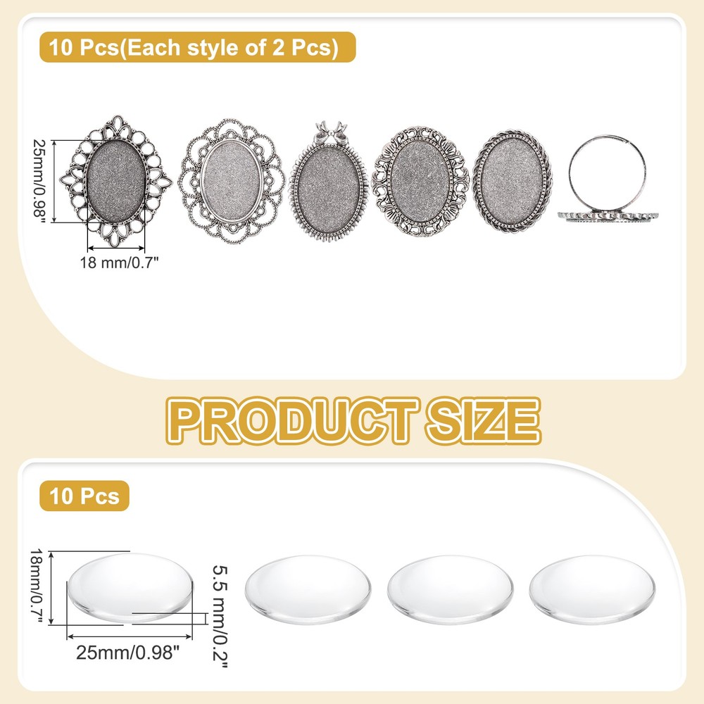 10Pcs Metal Ring Base Blank, 18mm Ring Blank Base with 10Pcs Cabochon(Black)