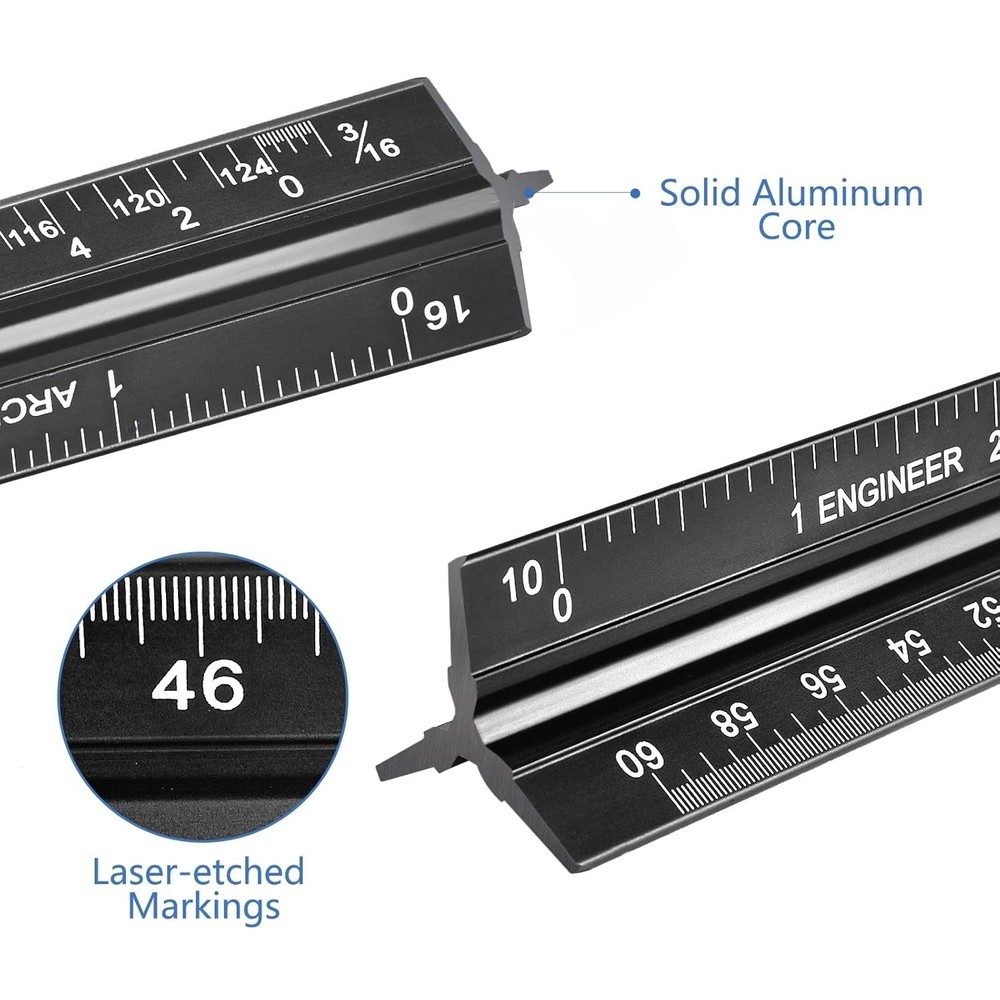 Architectural Engineering Scale Ruler Set Aluminum 12 Black Triangular Drafting