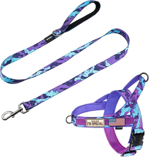 Annchwool No Pull Dog Harness with Padded Handle+5 Ft L, Camo Purple Set