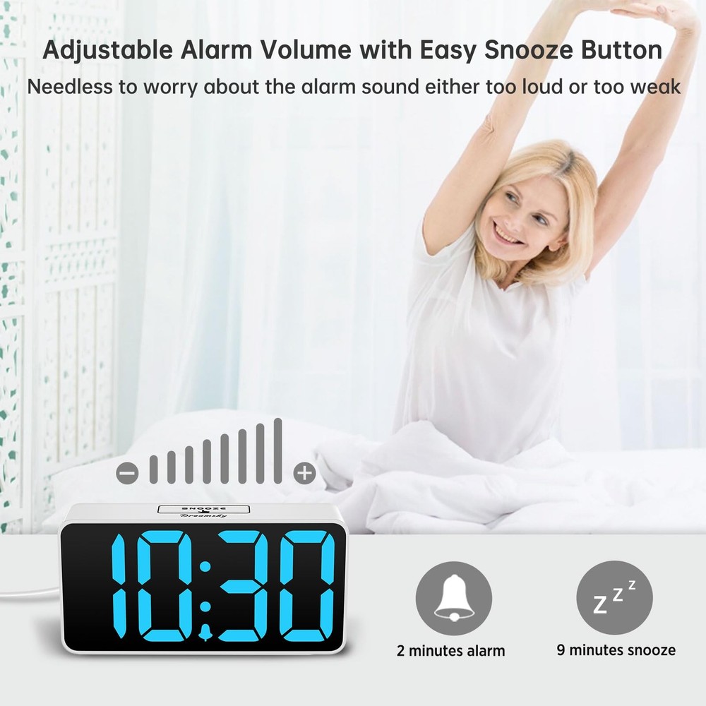 DreamSky Small Digital Alarm Clock for Bedroom, Small, White Case Blue Digits