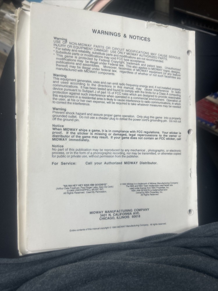 Midway NBA JAM Operations Arcade Video Game Manual- good original