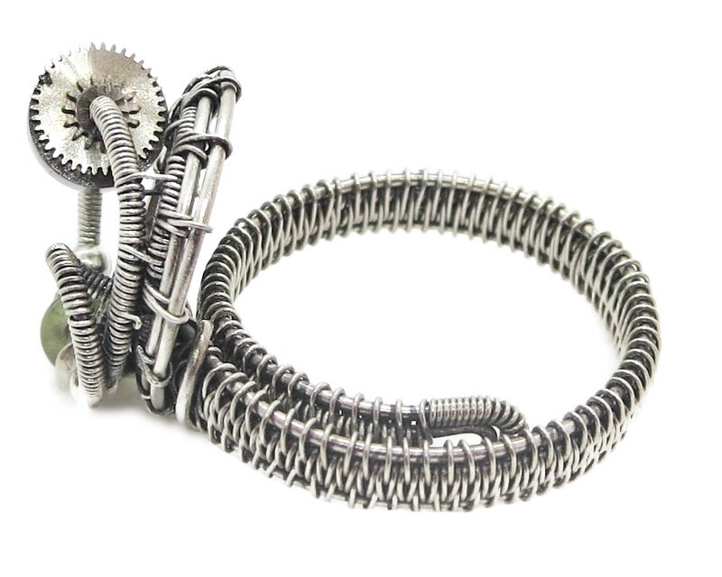 Adjustable Peridot Steampunk Ring in Sterling Silver & Stainless Steel