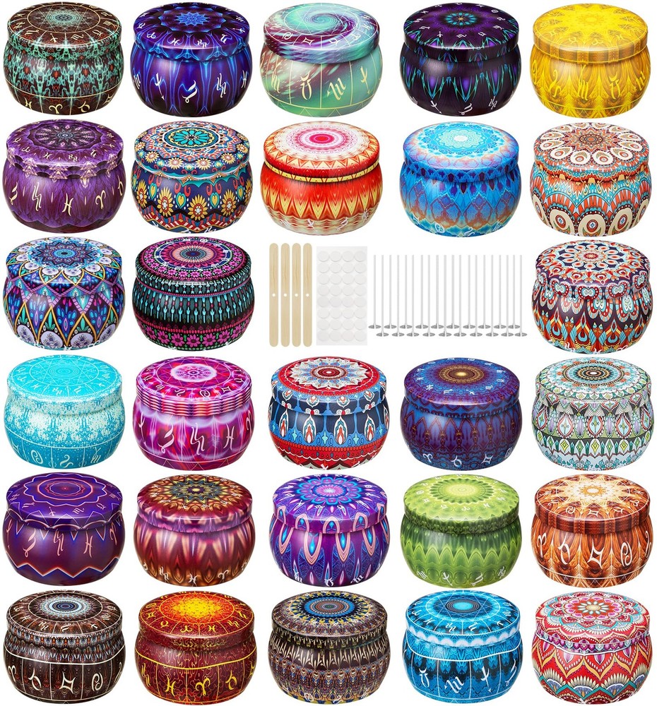Empty 5 oz Candle Tins Candle Jars 28 Pcs 28 Patterns, Candle Making Kits, wi...