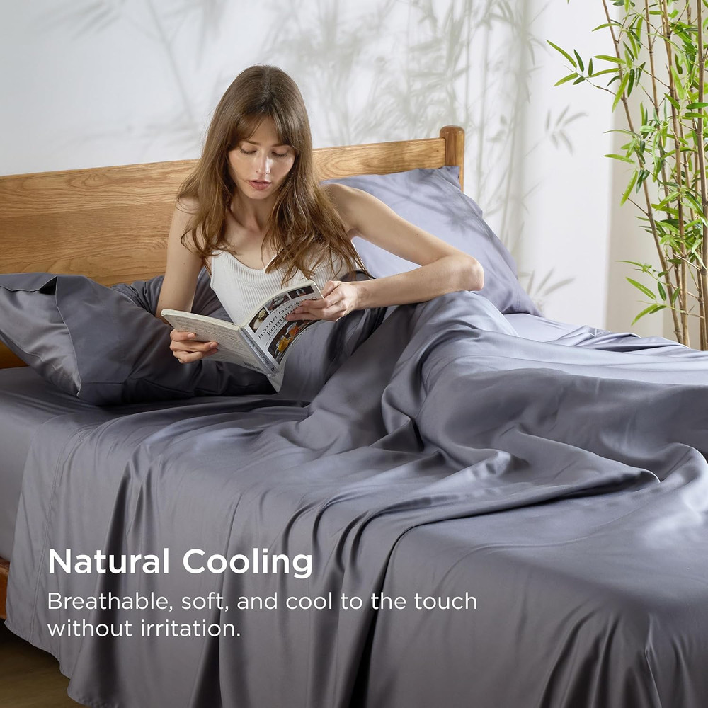 Cooling King Size Sheets Set, Bamboo Rayon, Soft & Breathable, Dark Grey