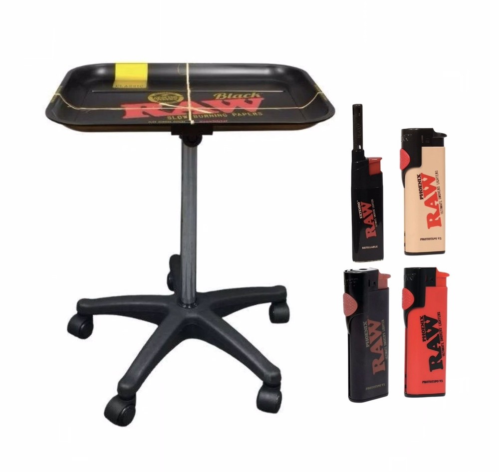 Raw Black XXL rolling Table Tray Adjustable Height + Raw Phoenix Extendo Lighter