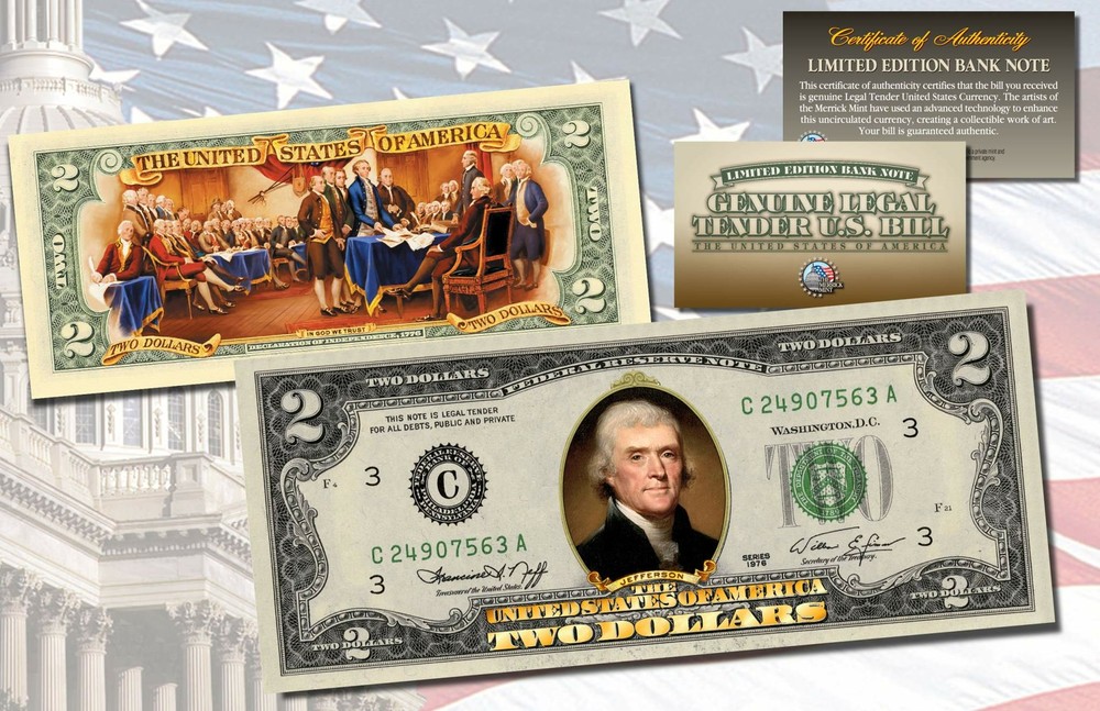 1976 Bicentennial TWO DOLLAR $2 Bill Uncirculated Currency COLORIZED 2-SIDED