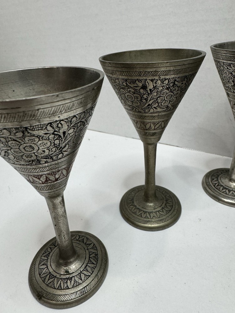 6 Vintage Small Solid Etched Brass Silver Wine Goblets/Whiskey Cups