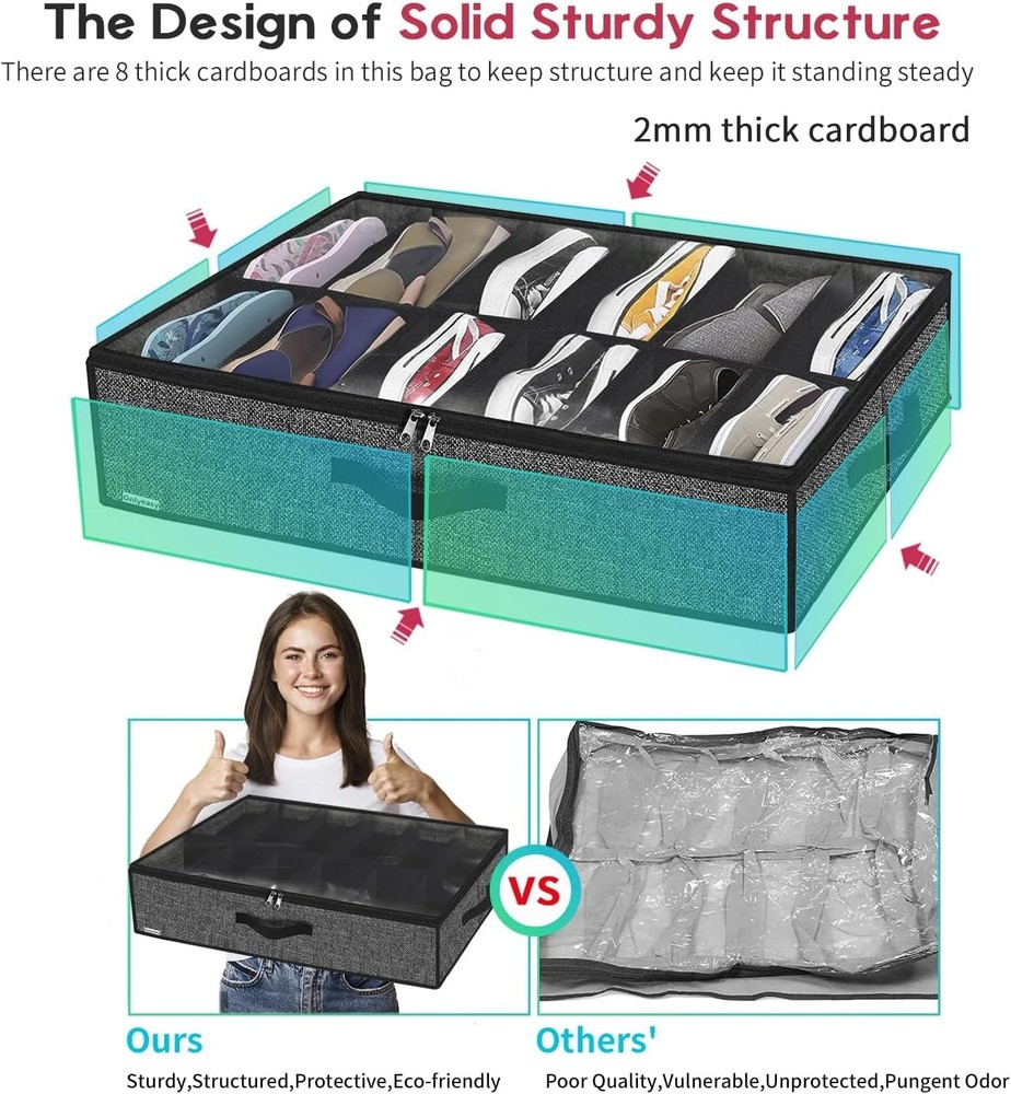 Durable and Foldable Under Bed Shoe Storage - 24 Pair Capacity with Clear View