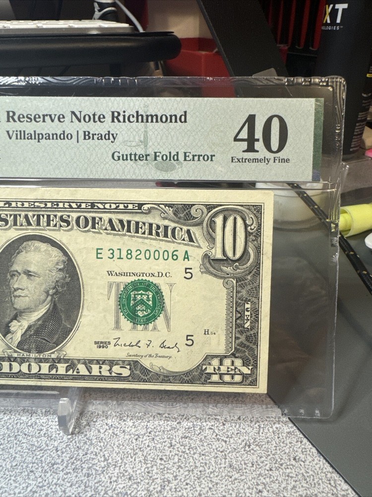 1990 $10 FRN ( RICHMOND “E”) ERROR ♚♚LARGE GUTTER FOLD♚♚ PMG 40