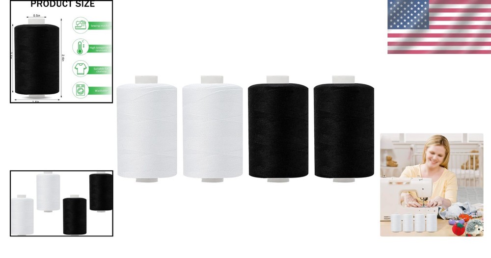 4 Spools All Purpose Sewing Thread 1000 Yards Black White for Creative Projects