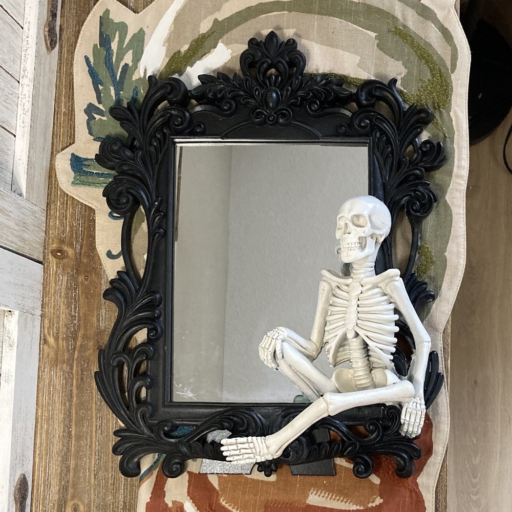 Skeleton Mirror | Halloween Gothic Decor | Ornate Black Framed Mirror