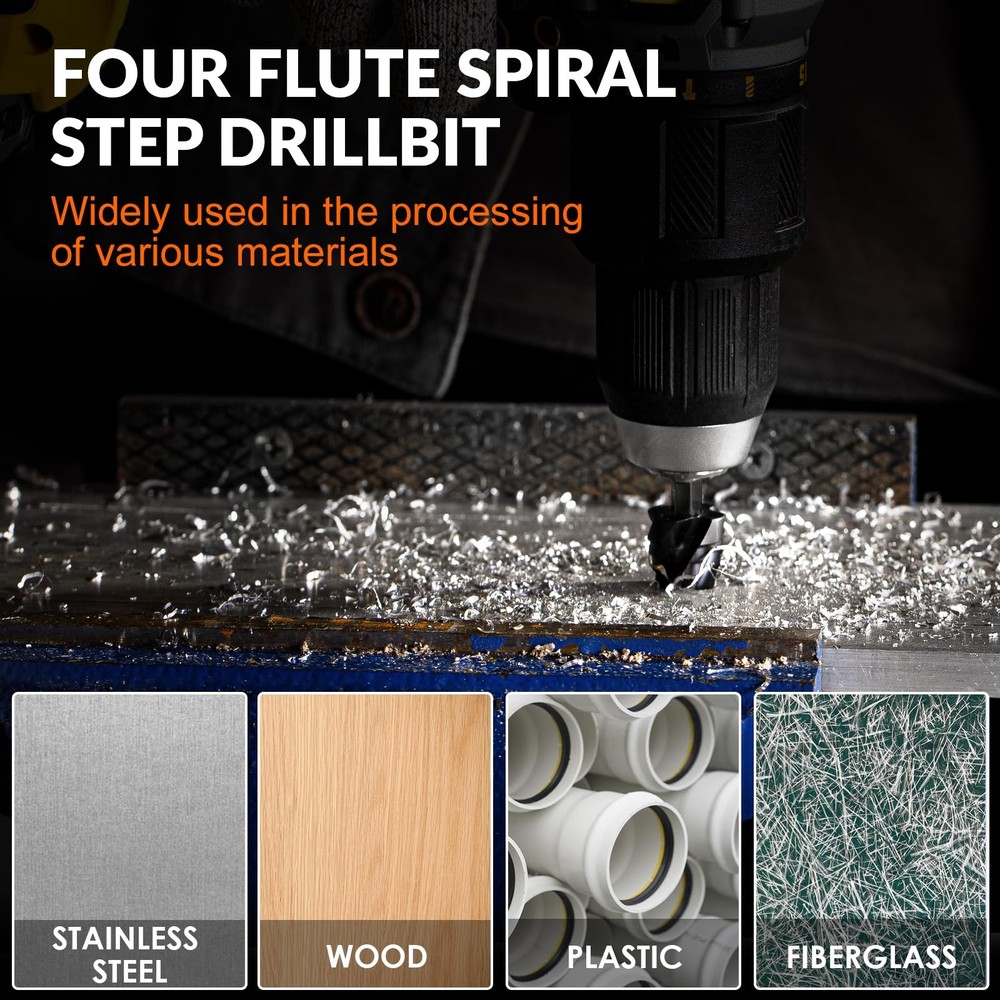 THINKWORK Four Spiral Flute Step Drill Bit, HSS 3/16-1-3/8"