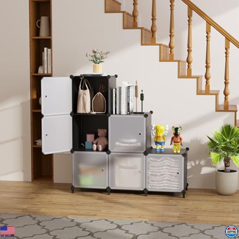 ATTSL6001 Black 6-Cube Storage Organizer - Stackable Plastic Shelves with Doors